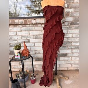white christmas dresses Bandeau Ruffle Detail Maxi Dress in Dusty Pink main image 1